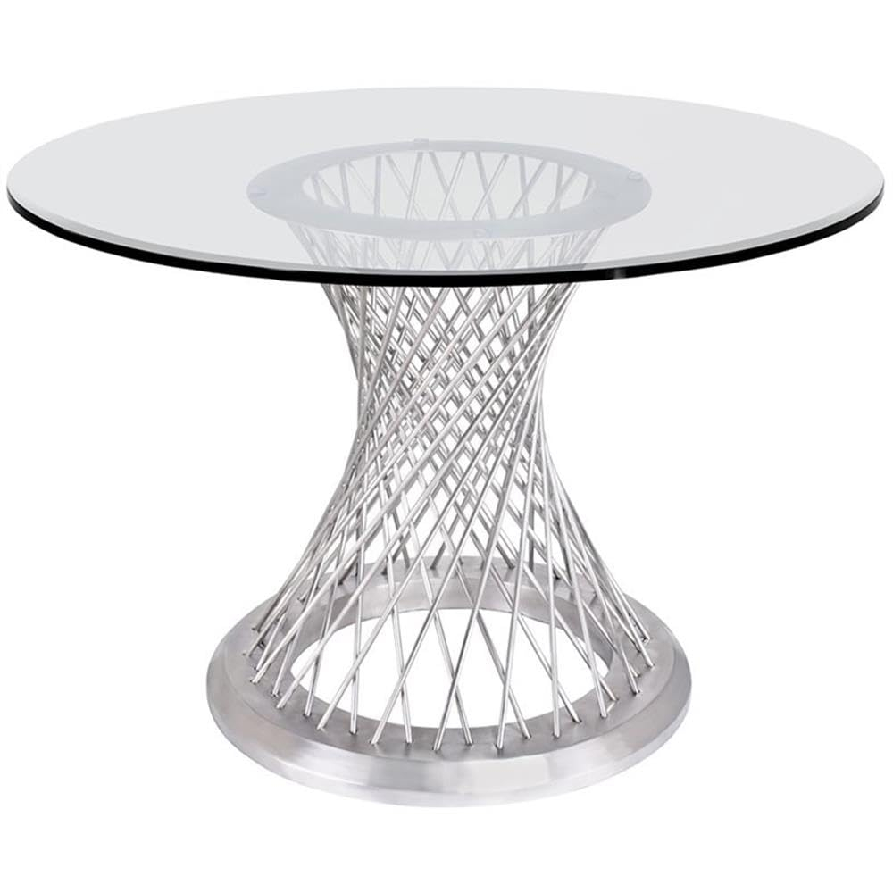 Armen Living Calypso Contemporary Dining Table in Brushed Stainless Steel with Clear Tempered Glass Top