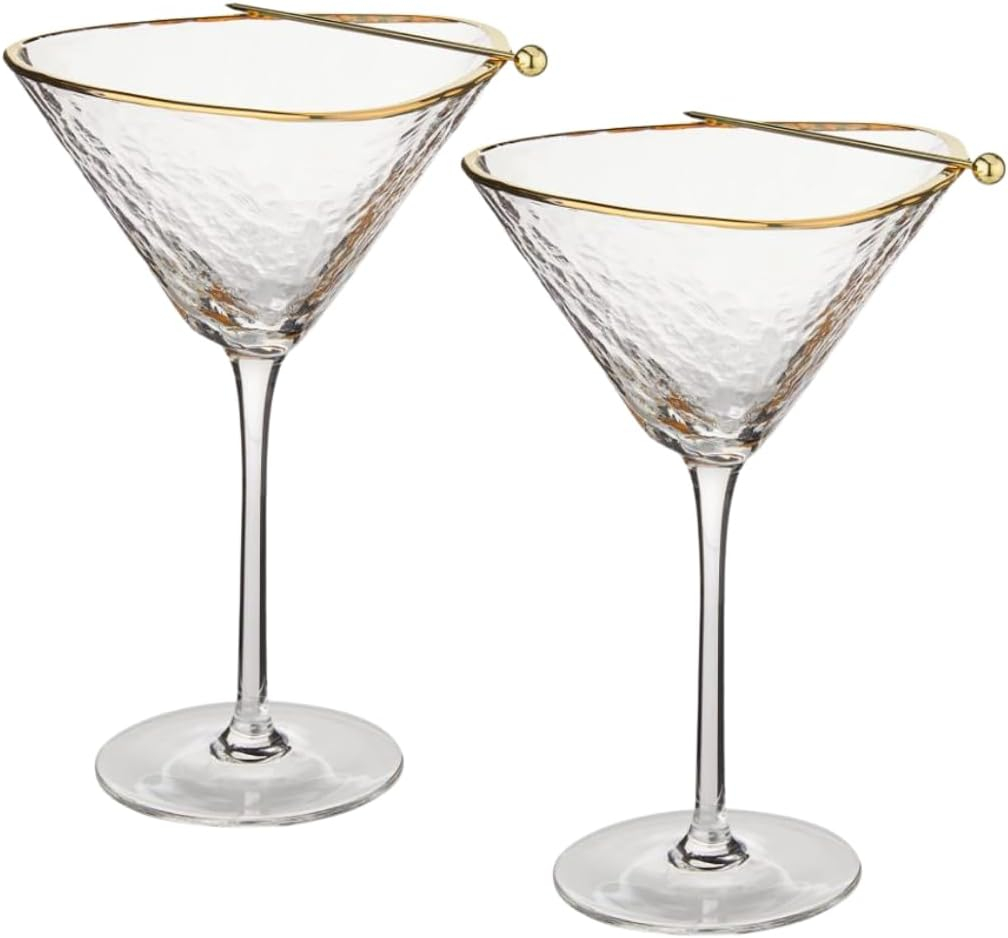 Sisterly Drinkware Clear Hammered Martini Glasses Set of 2 – Handmade Gold Rim Cocktail Glasses with 2 Gold-Plated Picks & 2 Coasters – 8 oz Elegant Barware for Martinis, Cocktails & Mocktails