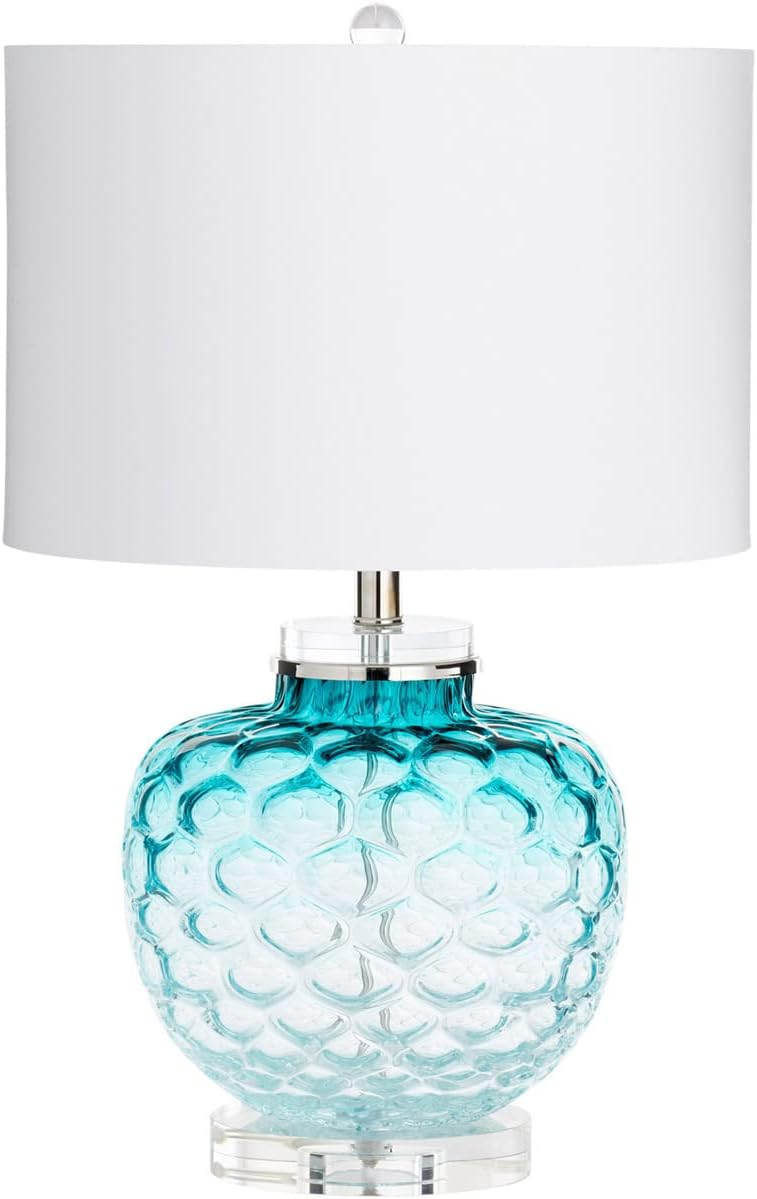 Teal Glass Table Lamp with Off-White Cotton Shade