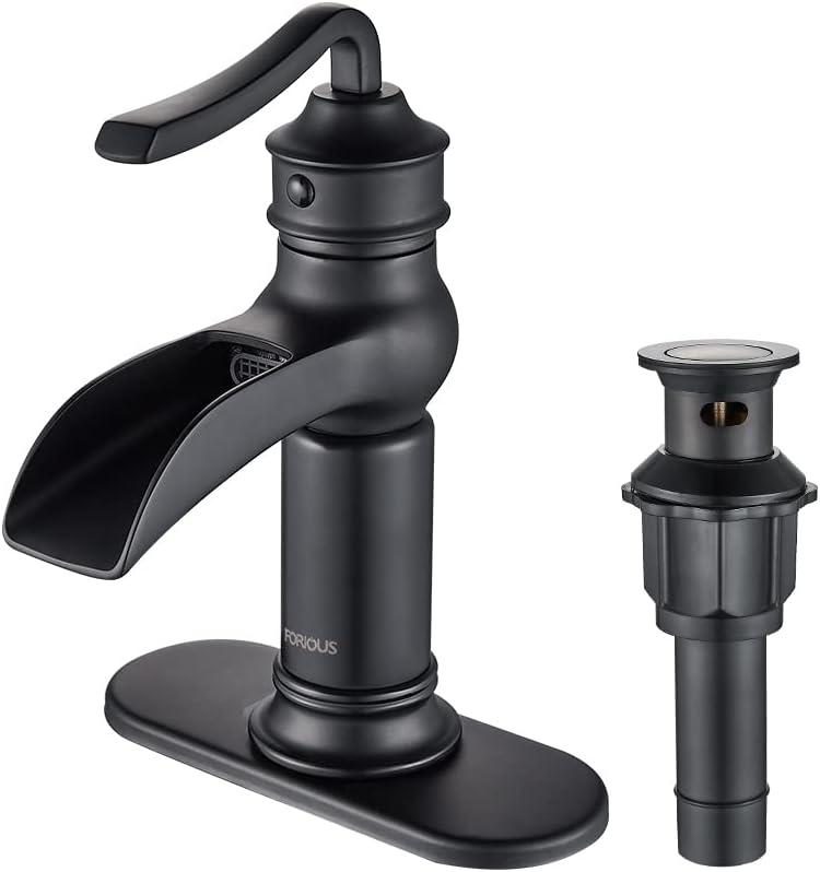 FORIOUS Black Waterfall Bathroom Faucet, Single Handle Antique Bathroom Sink Faucet with Deck Plate, Lead-Free CUPC Hose and Metal Pop-up Drain for 1 Hole or 3 Hole Farmhouse, Lavatory, Vanity
