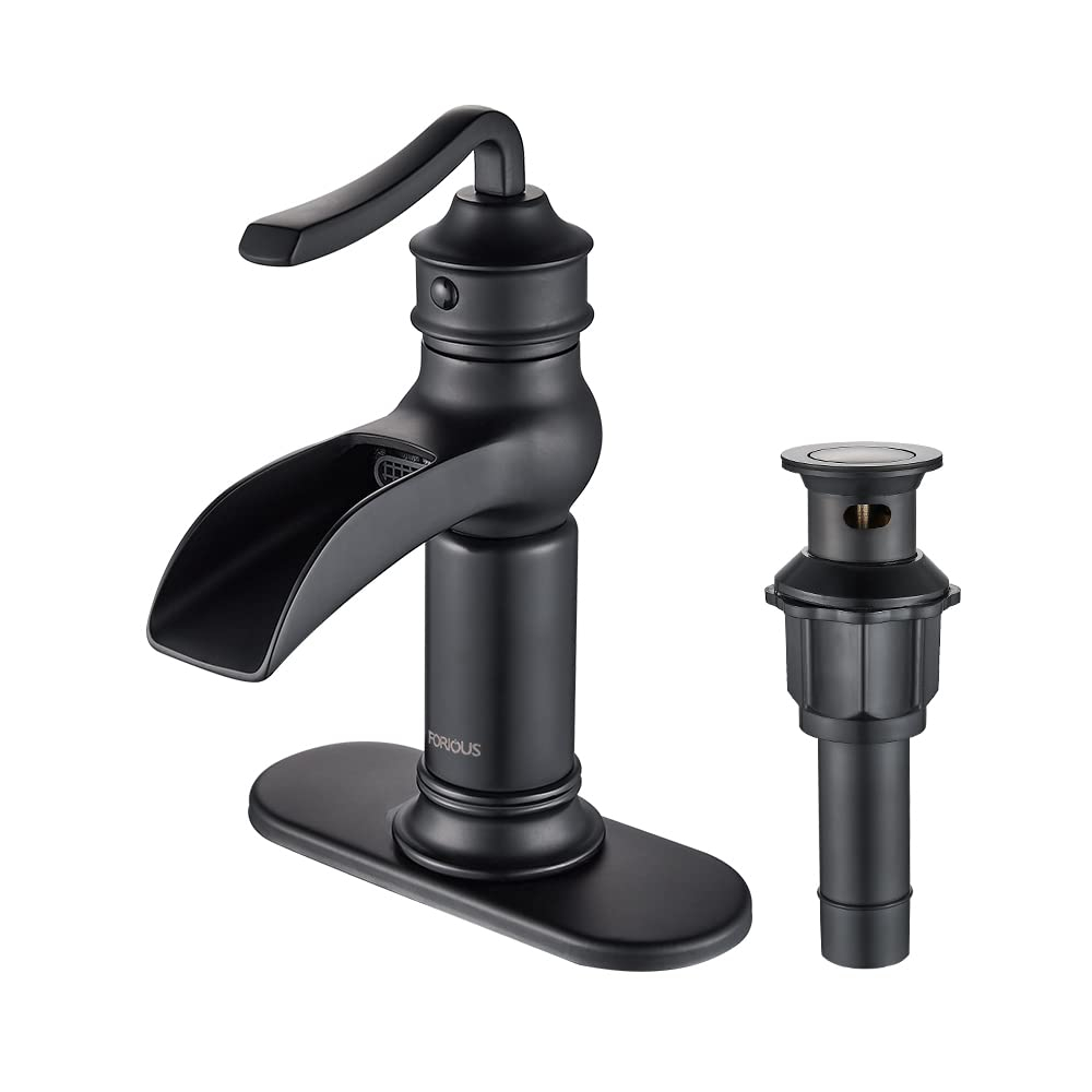 FORIOUS Black Waterfall Bathroom Faucet, Single Handle Antique Bathroom Sink Faucet with Deck Plate, Lead-Free CUPC Hose and Metal Pop-up Drain for 1 Hole or 3 Hole Farmhouse, Lavatory, Vanity