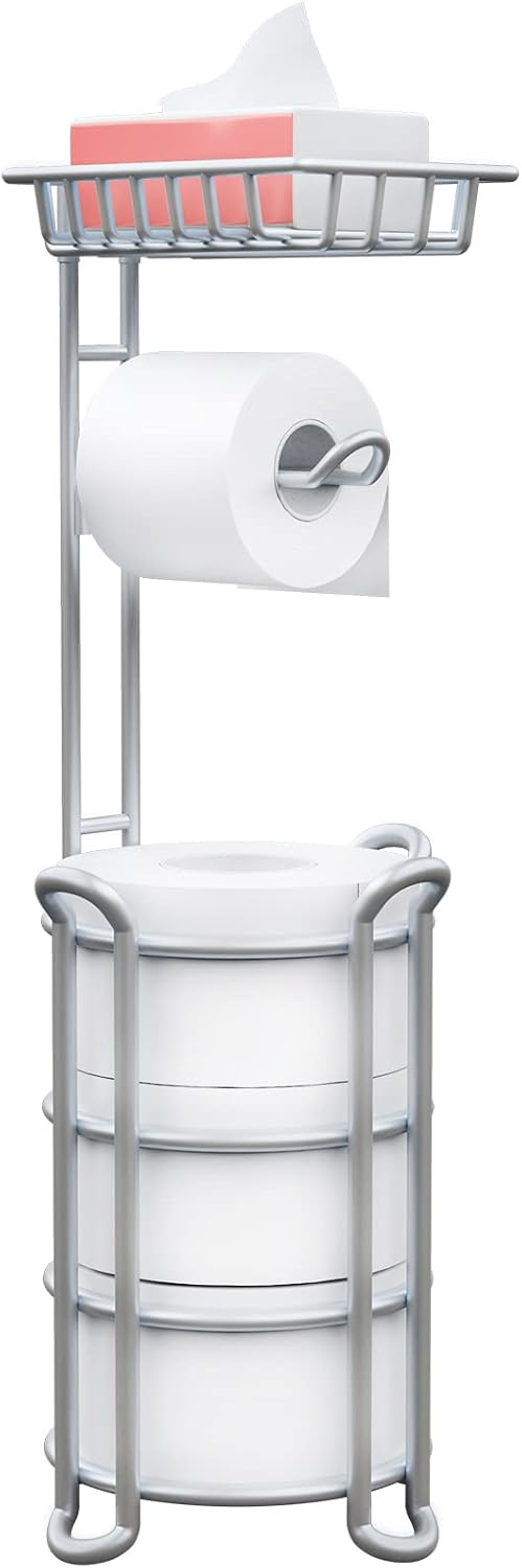Toilet Paper Holder Stand with Shelf for Phone, Free Standing Tissue Roll Storage and Dispenser Rack for 4 Mega Rolls, Silver Gray