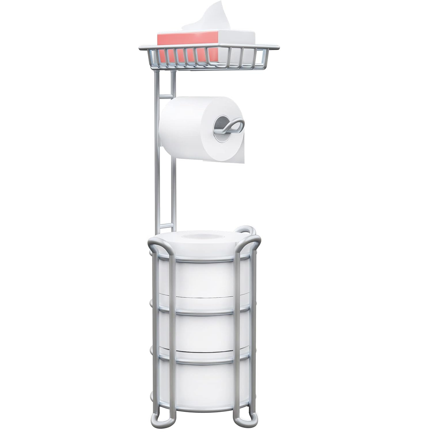 Toilet Paper Holder Stand with Shelf for Phone, Free Standing Tissue Roll Storage and Dispenser Rack for 4 Mega Rolls, Silver Gray
