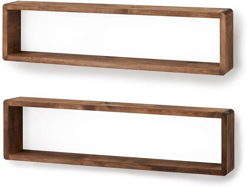 Stackable Floating Shelves, Farmhouse Style Decorative Box Bookshelves for Bedroom, Living Room, and More, Solid Wood, 8" H x 32" W x 4.00" D, Walnut Finish, 2-Pack
