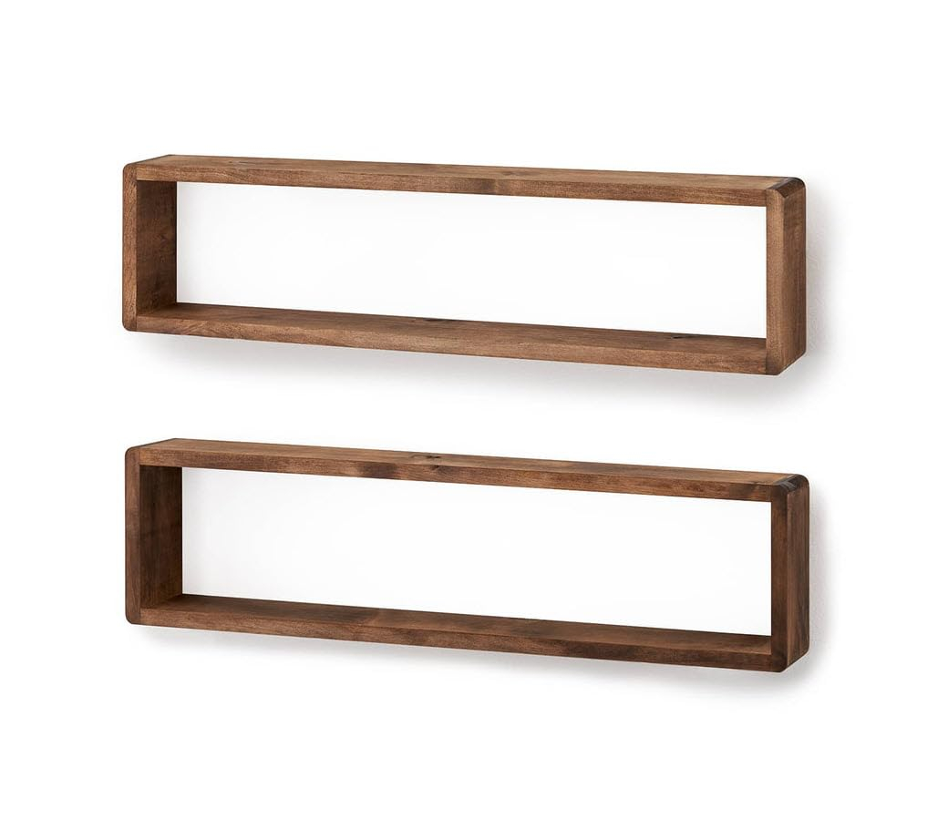 Stackable Floating Shelves, Farmhouse Style Decorative Box Bookshelves for Bedroom, Living Room, and More, Solid Wood, 8" H x 32" W x 4.00" D, Walnut Finish, 2-Pack
