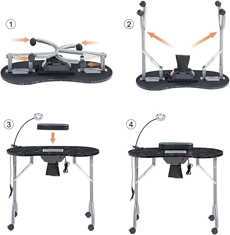 Nail Desk Portable Manicure Table, Professional Nail Table with USB-plug LED Table Lamp, Sponge Pillow, Electric Dust Collector, Carrying Bag, Black