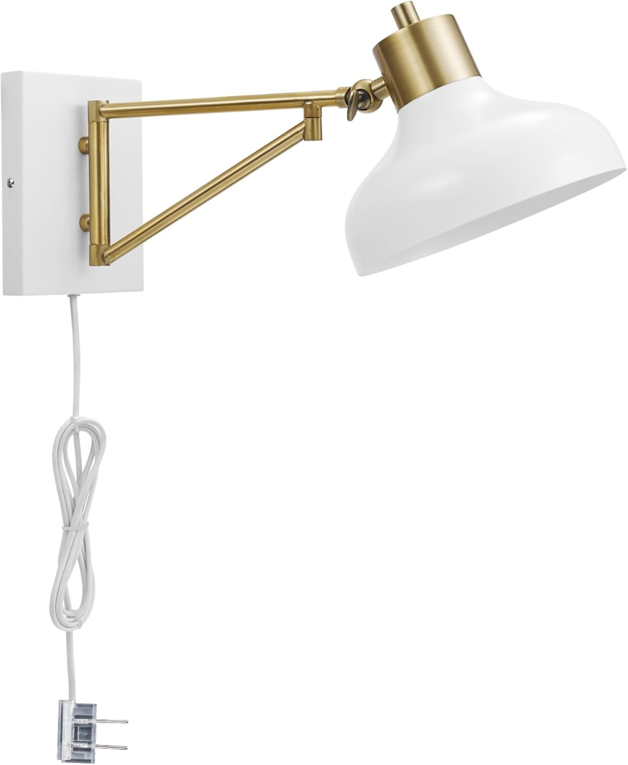 Globe Electric Berkeley 1-Light White and Brass Plug-in or Hardwire Swing Arm Indoor Wall Sconce