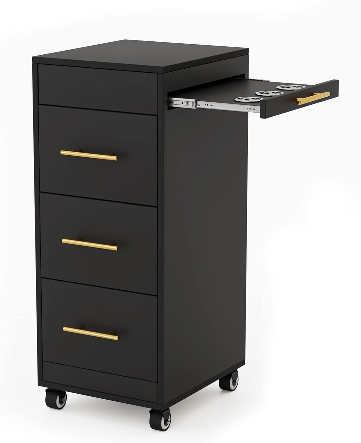 Salon Trolley Cart with Wheels, Wooden Hair Storage Cabinet, Stylist Cart Mobile Hairdressing Barber Station for Beauty Spa Barbershop, 3 Large Drawers, 3 Hot Tool Holders, Black