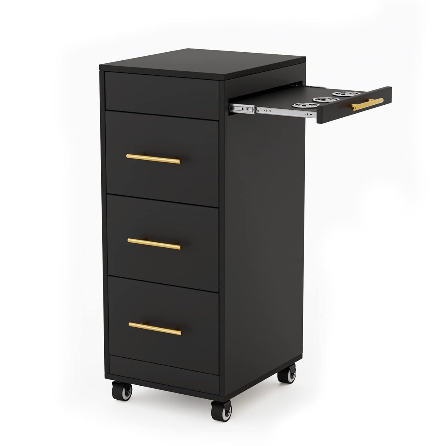 Salon Trolley Cart with Wheels, Wooden Hair Storage Cabinet, Stylist Cart Mobile Hairdressing Barber Station for Beauty Spa Barbershop, 3 Large Drawers, 3 Hot Tool Holders, Black