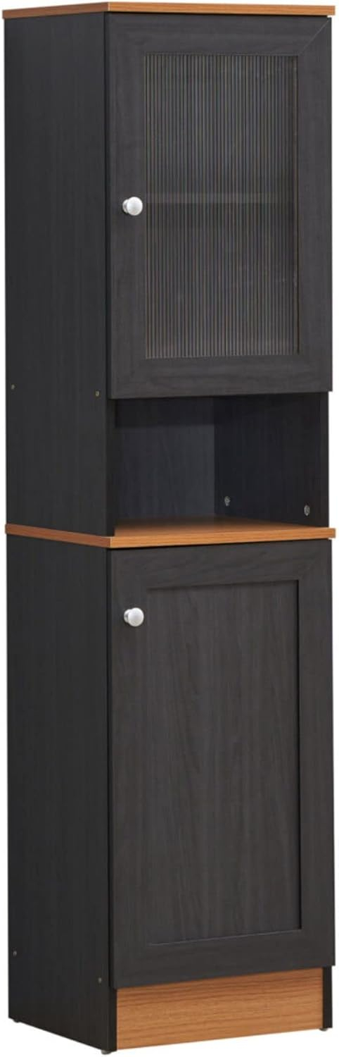 63" Tall Slim Open Shelf Plus Top and Bottom Enclosed Storage Kitchen Pantry in Black-Beech