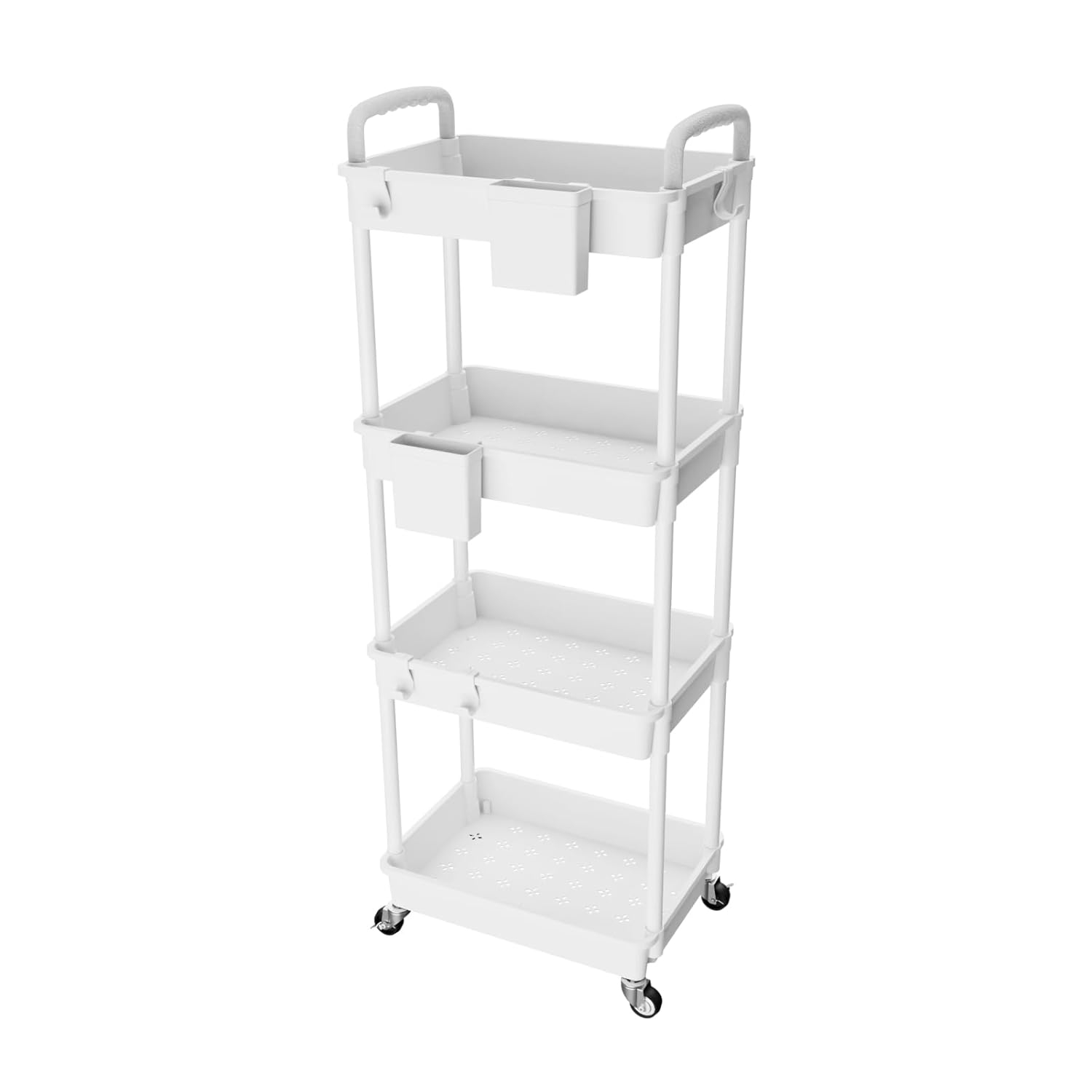 4 Tier Rolling Utility Cart with Handle,REBECAT Utility Cart Made of Multifunctional Storage Organizer Tool for Kitchen,Bathroom,Living Room,Office(White)