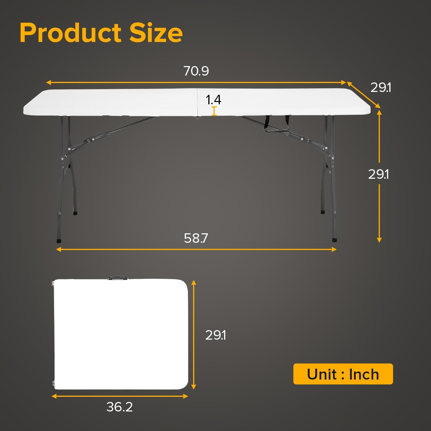6 Foot Folding Table, Portable Plastic Dining Table, Fold-in-Half Heavy Duty Table Indoor Outdoor for Camping, Picnic, Party, BBQ, Wedding, White