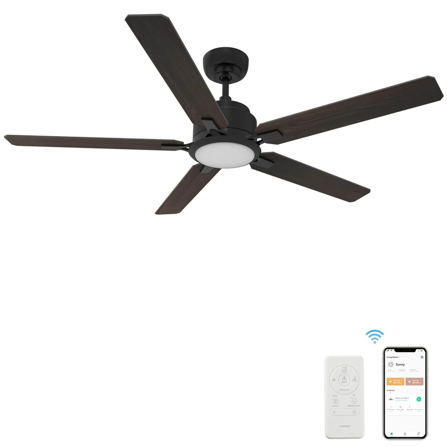 52" 5 Baldes Smart Wifi Ceiling Fan with Remote and Dimmable LED Light Dark Wood