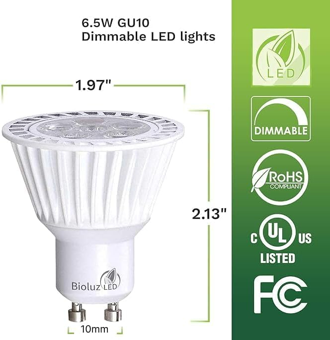 5 Pack Bioluz LED GU10 LED Bulb 50W Replacement (Uses only 6.5 watts) Dimmable 3000K 120v UL Listed