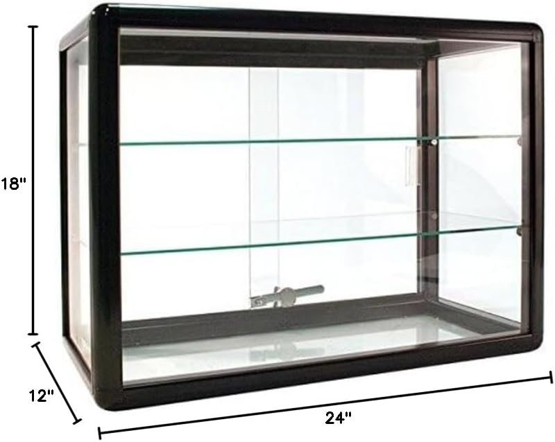 Only Garment Racks Elegant Black Aluminum Display Table Top Tempered Glass Show Case. Sliding Glass Doors with Lock