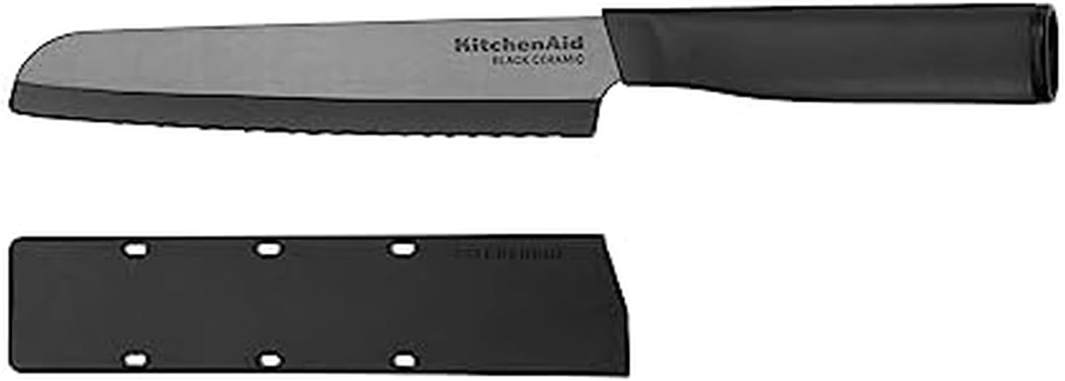 Kitchenaid Classic Ceramic Serrated Bread Knife with Endcap and Blade Cover, 6-inch, Black