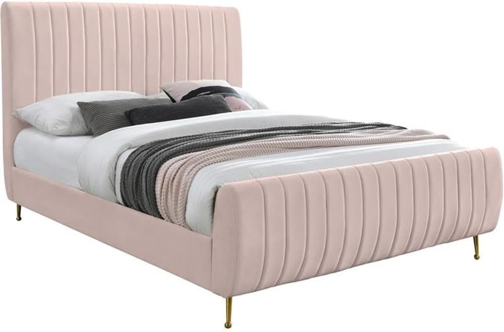 Meridian Furniture Zara Contemporary Queen Bed with Gold Legs and Slats, Pink Velvet