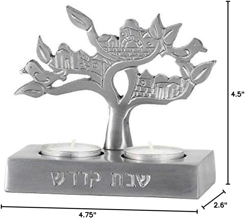 Tealight Candle Holder for Shabbat Fits 2 Candles - Jerusalem Theme Tree of Life - Engraved in Hebrew Shabbos Kodesh (Holy Sabbath) Tea Light Compact Travel Candlestick by Zion Judaica