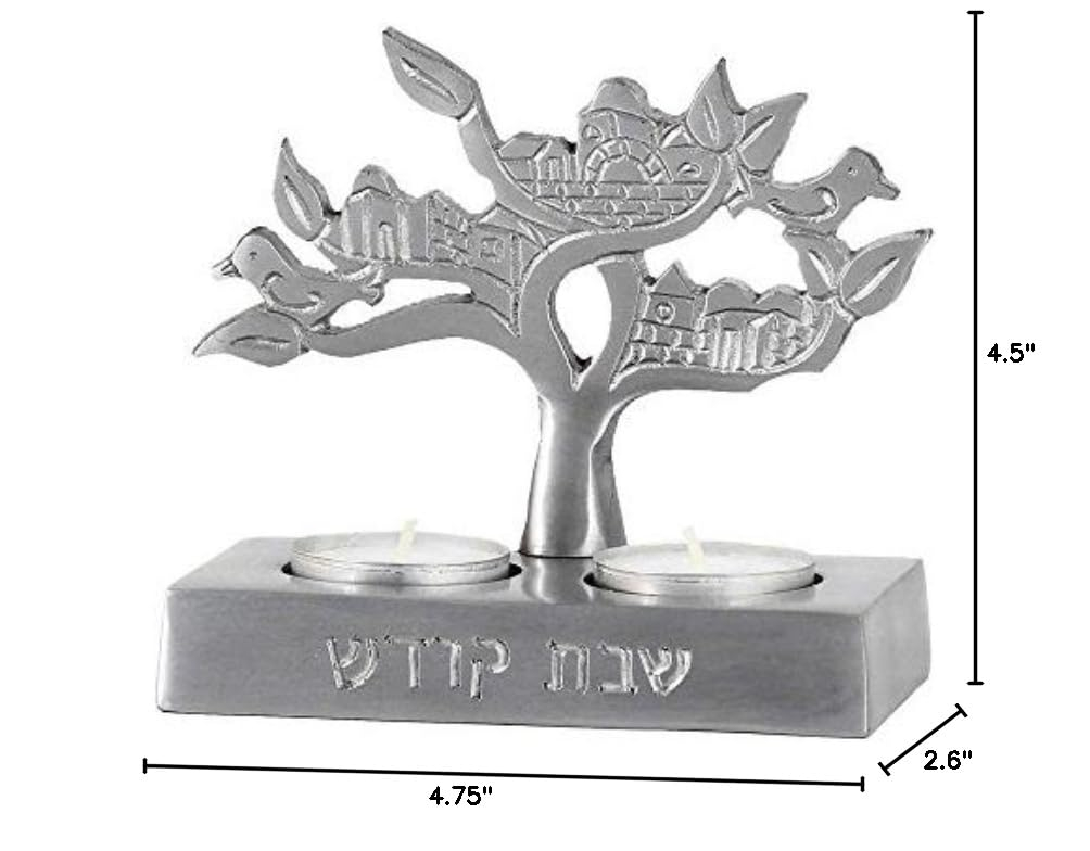 Tealight Candle Holder for Shabbat Fits 2 Candles - Jerusalem Theme Tree of Life - Engraved in Hebrew Shabbos Kodesh (Holy Sabbath) Tea Light Compact Travel Candlestick by Zion Judaica
