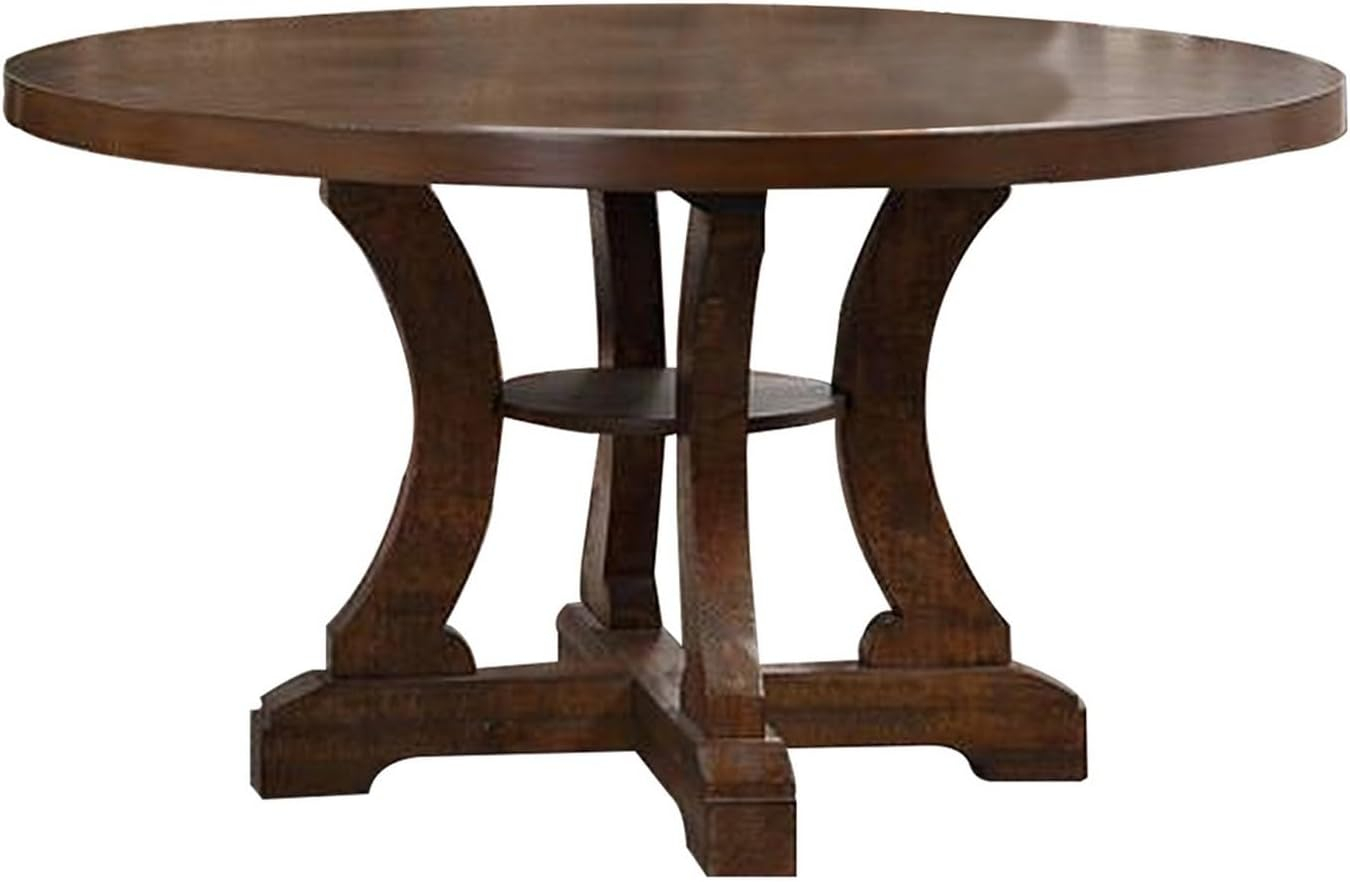 Benjara Neci 54 Inch Round Dining Table, Classic Pedestal, Painted Distressed Brown