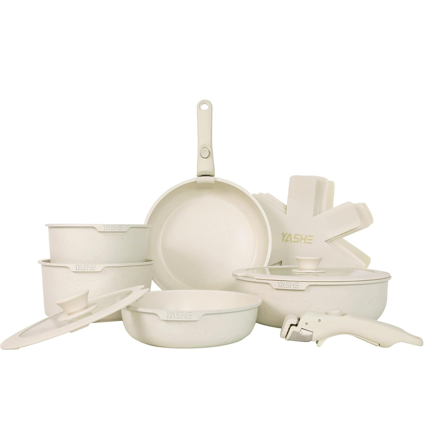 YASHE 13-Pieces Pots and Pans Set Non Stick, Ceramic Kitchen Cookware Set, Detachable Dandle Pots and Pans with Pan Protectors