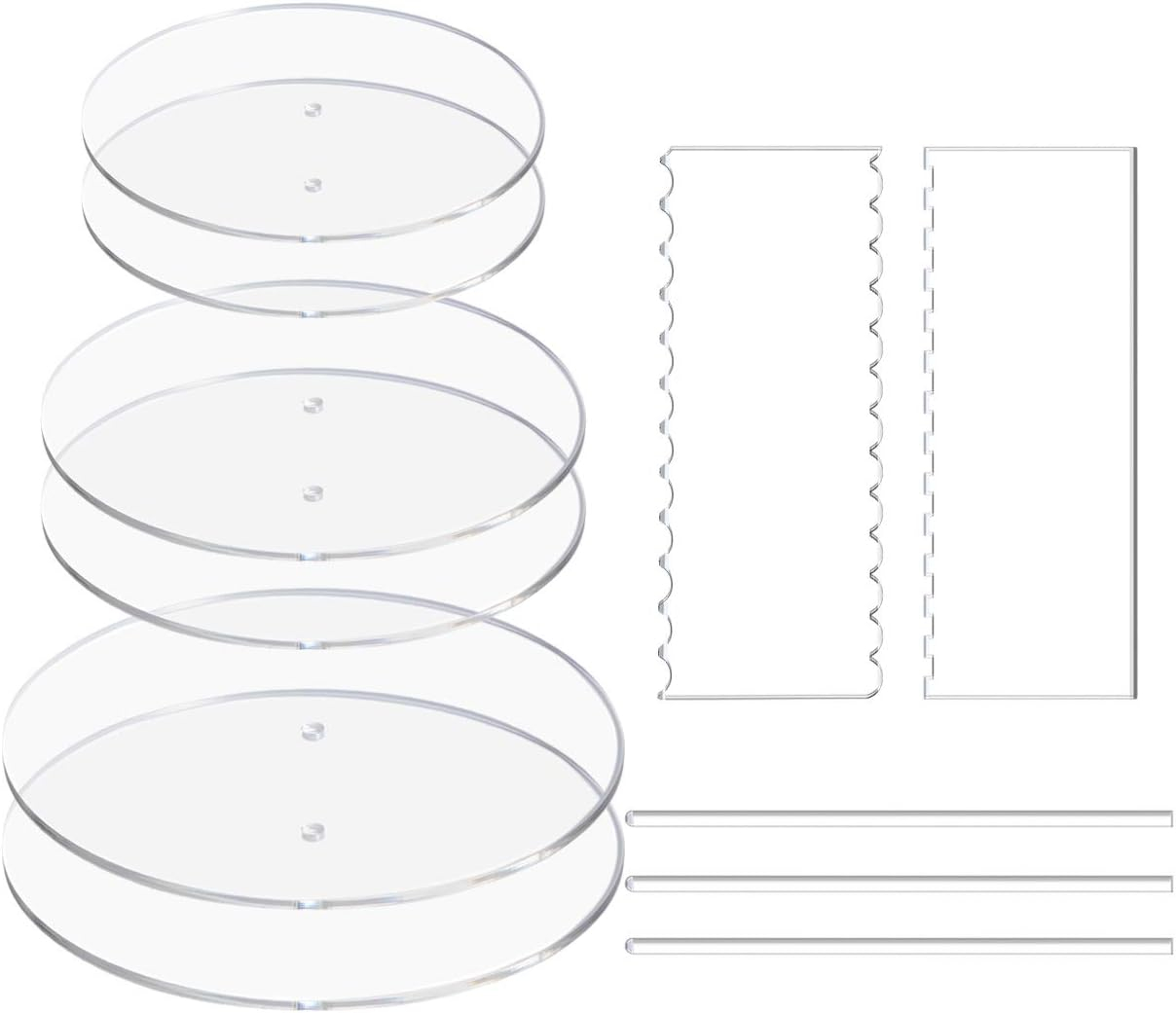 Acrylic Cake Discs Set - Round Buttercream Cake Decorating Tools with 6 Acrylic Discs(2 Each of 6.5”, 8.5”, 10.5"), 2 Icing Scraper and 3 Center Dowel - for Serving Bake Goods