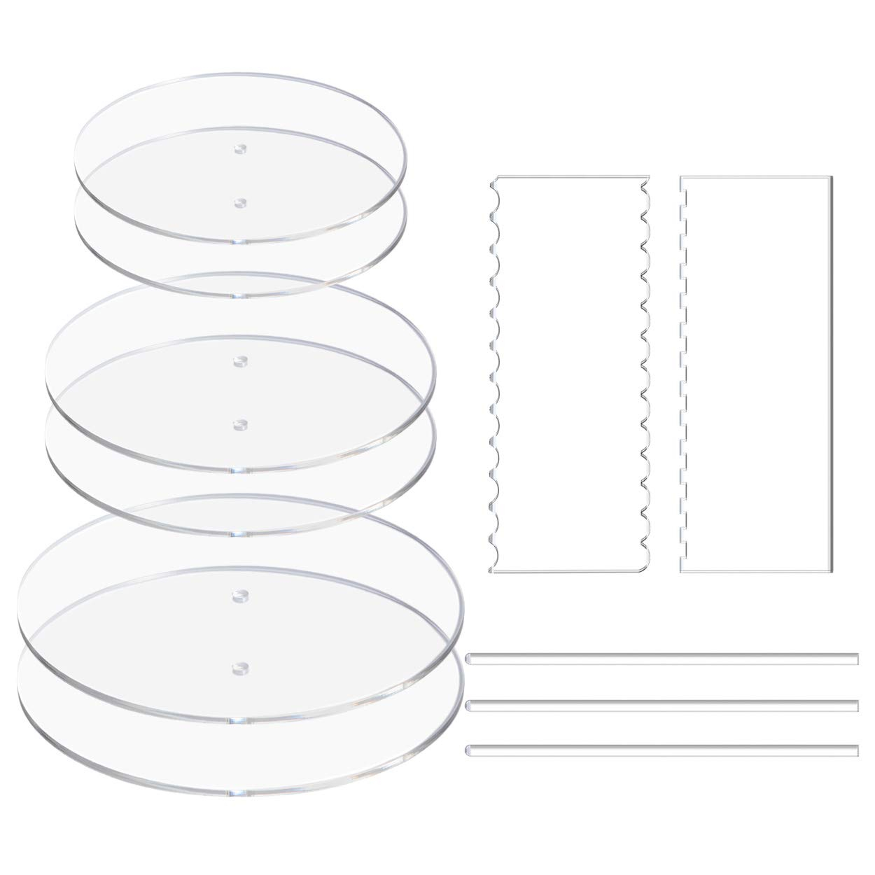 Acrylic Cake Discs Set - Round Buttercream Cake Decorating Tools with 6 Acrylic Discs(2 Each of 6.5”, 8.5”, 10.5"), 2 Icing Scraper and 3 Center Dowel - for Serving Bake Goods