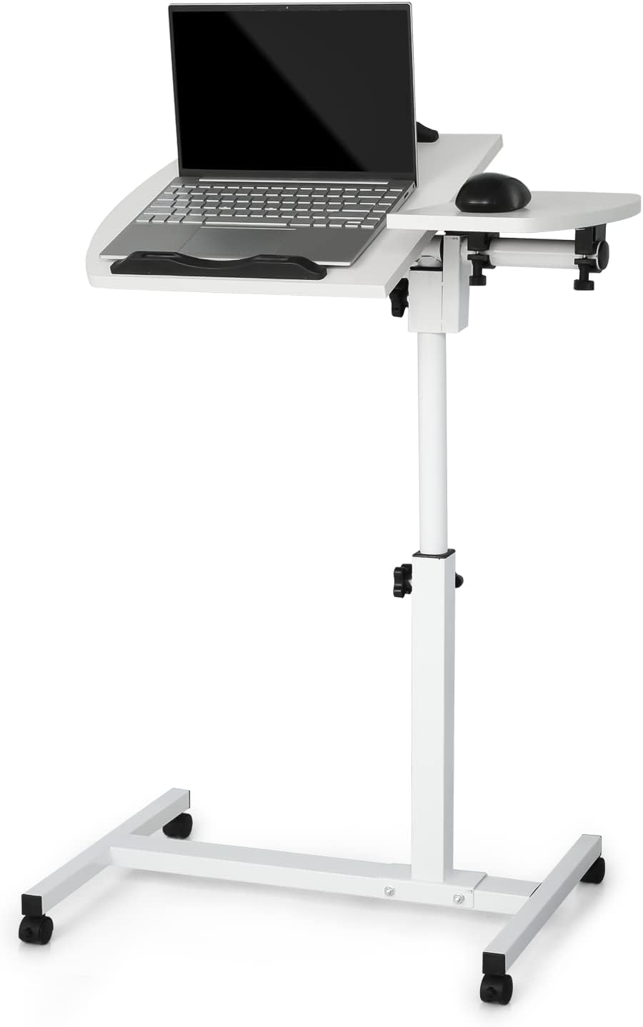 MoNiBloom Mobile Laptop Desk Standing Desk with Wheels & Tilting Tabletop, Height Adjustable Sit Stand Computer Workstation, White