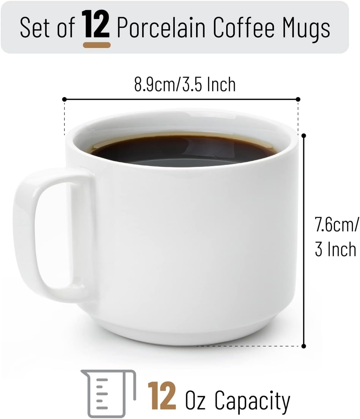 BTaT- Porcelain Stackable Coffee Mugs, 12 Pack, 12 oz, White, Ceramic Coffee Cups, Dishwasher and Microwave Safe