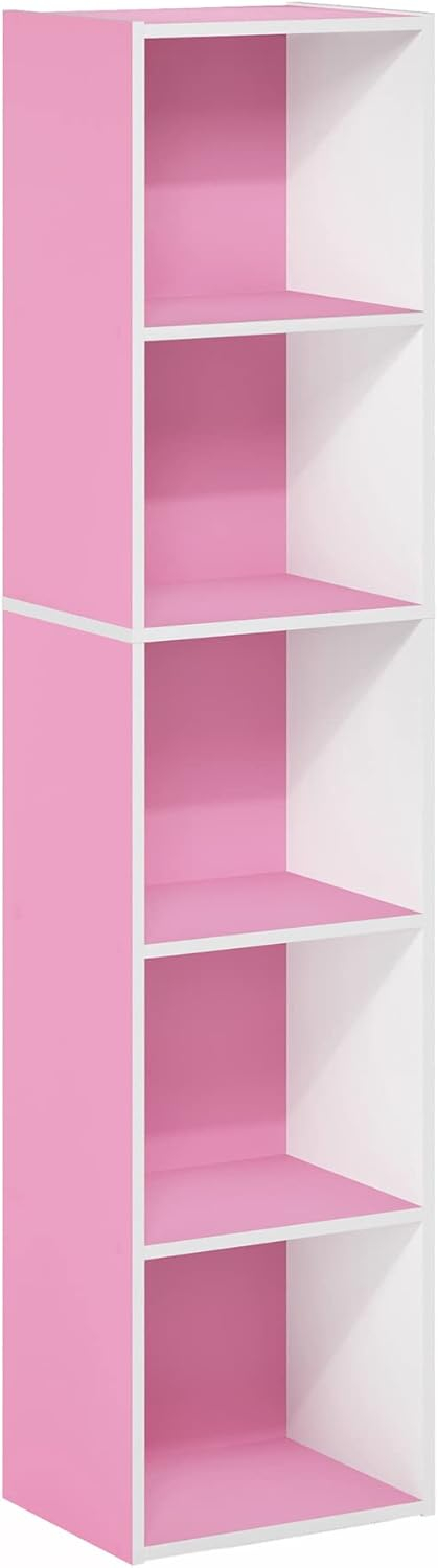 Furinno Pasir 5-Tier Open Shelf Bookcase, Pink/White
