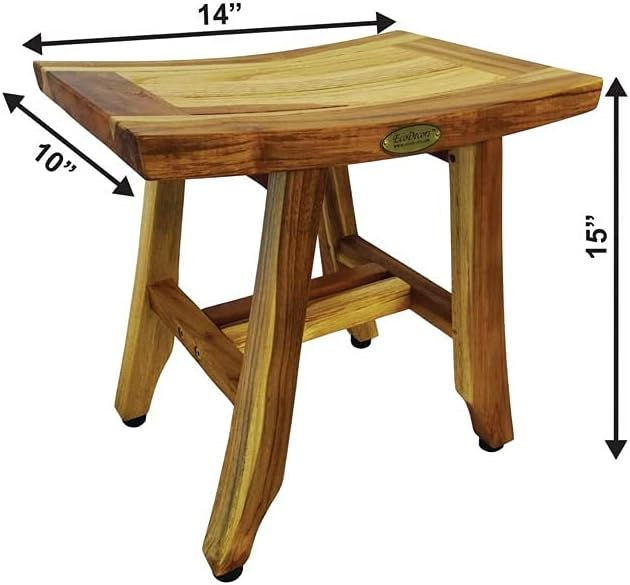 EcoDecors® Satori® 14" Solid Teak Shower Bench, Water-Resistant Bath Stool with Adjustable Feet, EarthyTeak Finish, Indoor/Outdoor Use