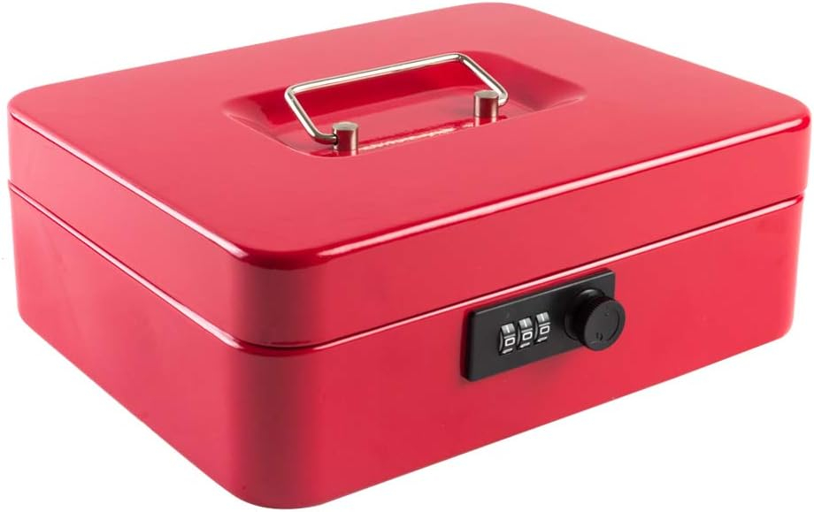 KYODOLED Large Cash Box with Combination Lock Safe Metal Money Box with Money Tray for Security Lock Box 9.84"x 7.87"x 3.54" Red Large