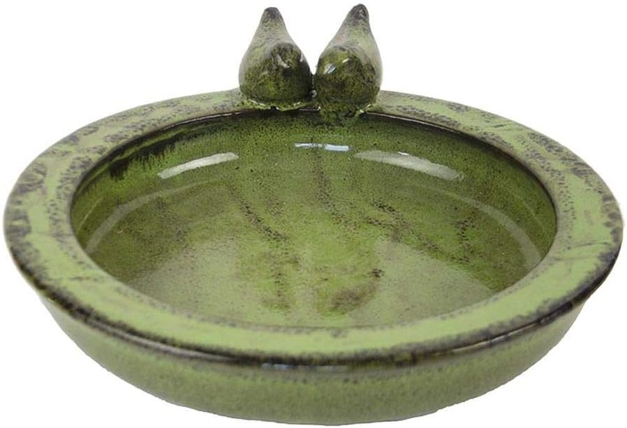 Green Ceramic Round Bird Bath with Perched Birds