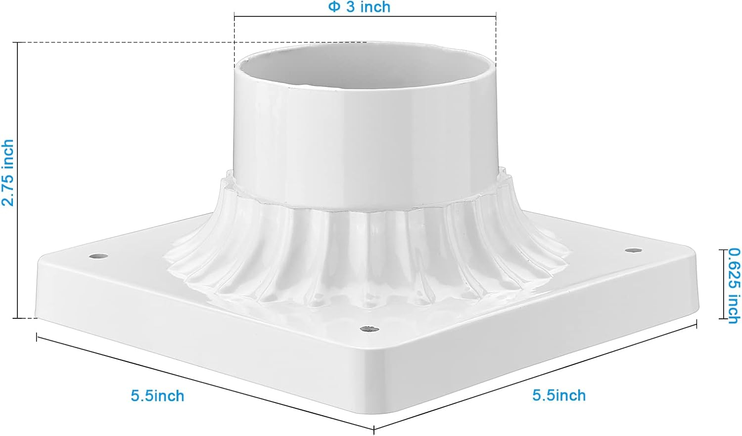 Darkaway Outdoor Post Light Base Mount, Post Light Adapter 3'' Pier Mount Base with White Finish for Deck Porch Patio, 5.5" W x 5.5" D x 2.75" H (2Pack, White)