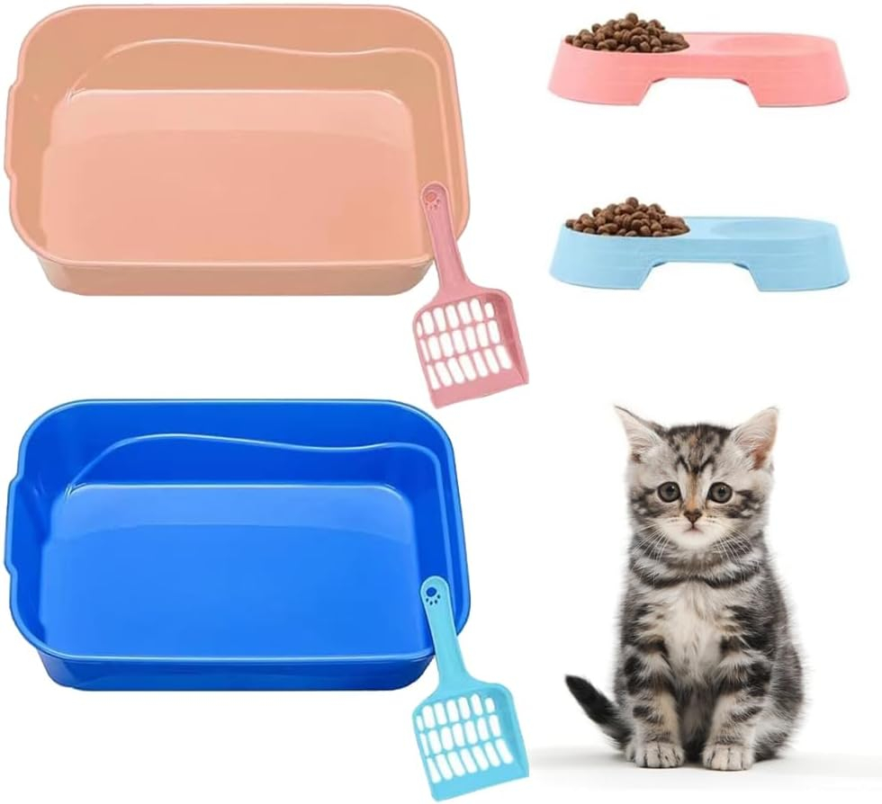 Kitty Litter Box Starter Kit - Small Cat Litter Pan Without Lid, Litter Mat, Scoop and Bowl for Kitten Within 3 Months