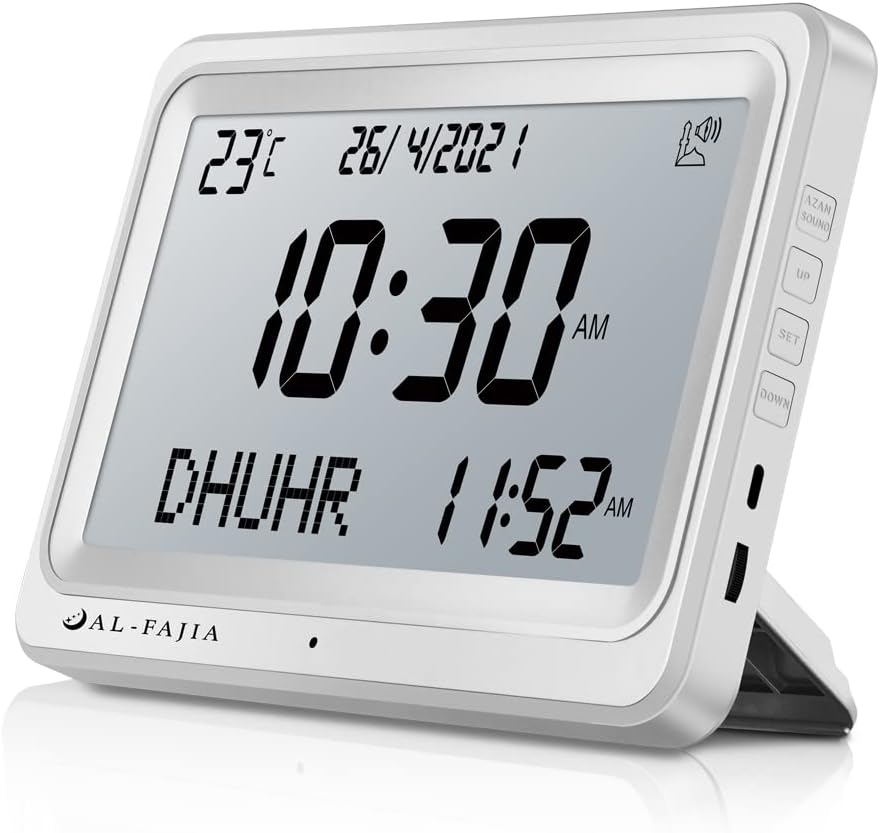 Qsnmieo Azan Clock for USA-Automatic Worldwide Digital 8 Azan Prayer Sounds Islamic Wall and Desk Clock (White)