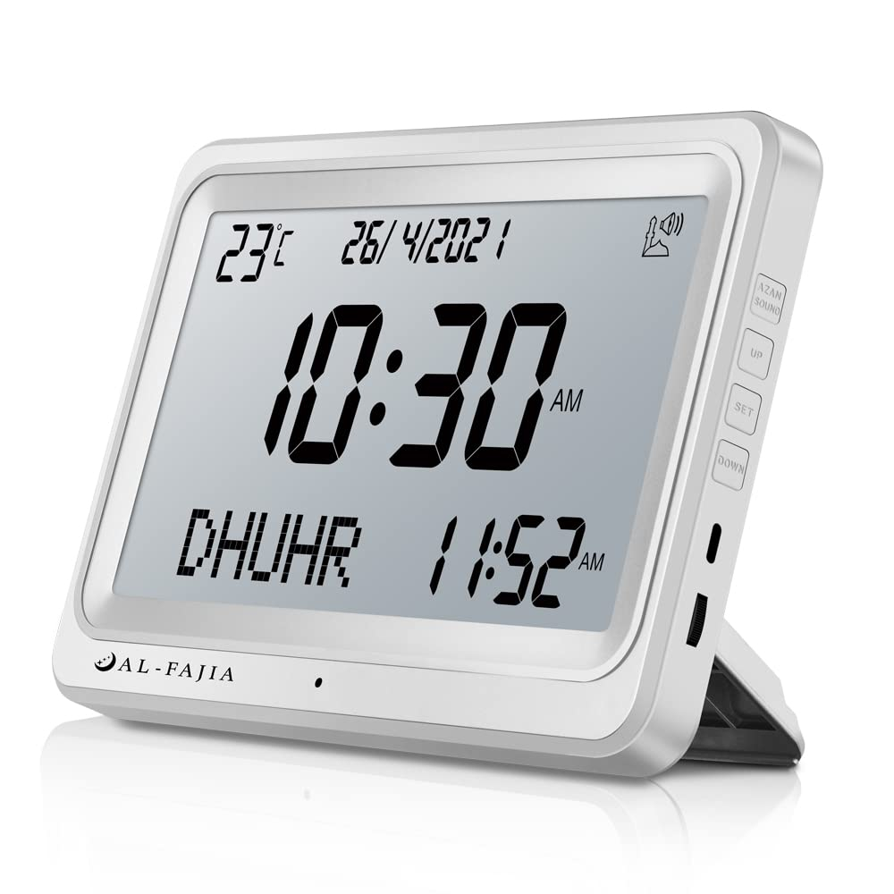 Qsnmieo Azan Clock for USA-Automatic Worldwide Digital 8 Azan Prayer Sounds Islamic Wall and Desk Clock (White)