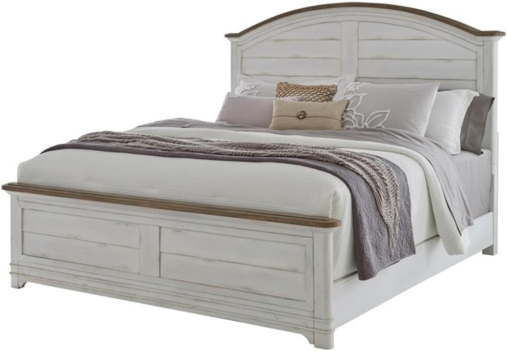 Meadowbrook White-Washed Pine King Panel Bed with Arched Headboard