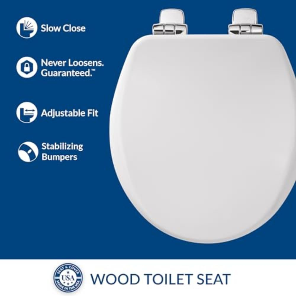 Bemis Alesio Slow Close Toilet Seat, Sleek Chrome Hinges and Adjustable Perfect Fit Wood Seat, Round, White