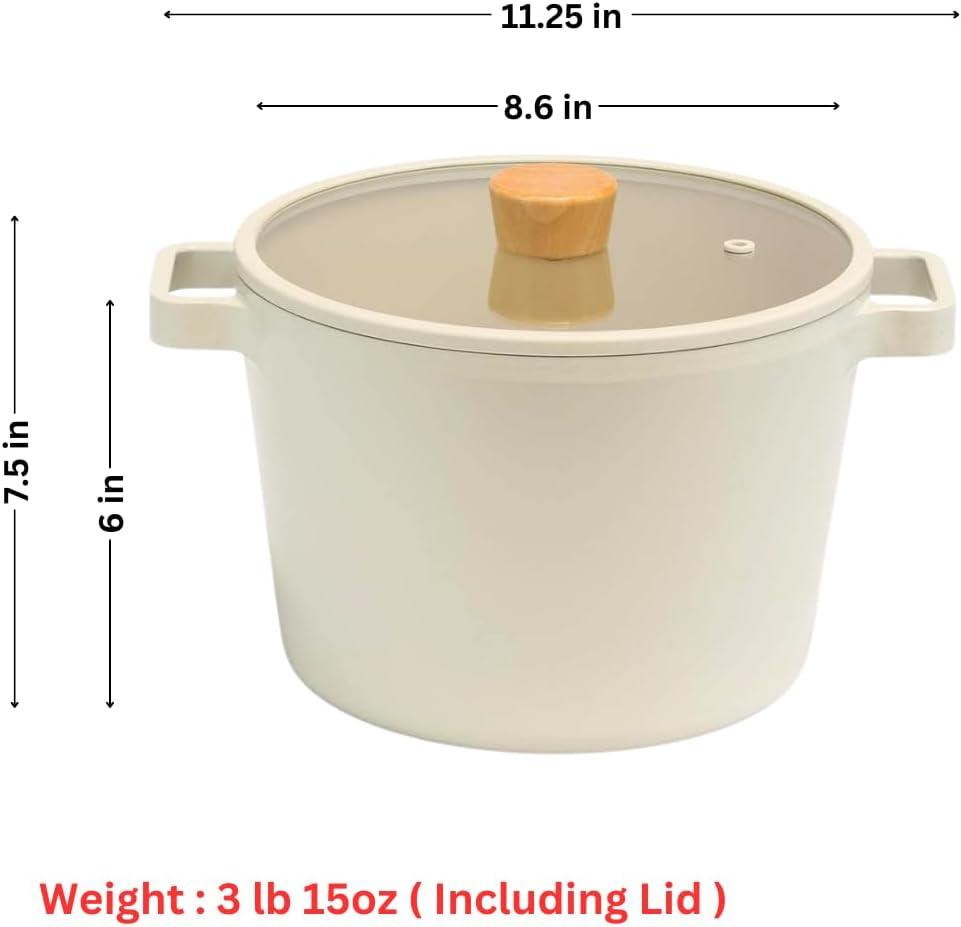 Neoflam Fika 4.9qt Deep Stock Pot with Glass Lid and Wood Knob, Made in Korea (22cm)