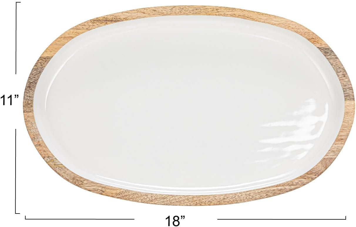 Creative Co-Op Oval Enameled Mango Wood Tray, White and Natural