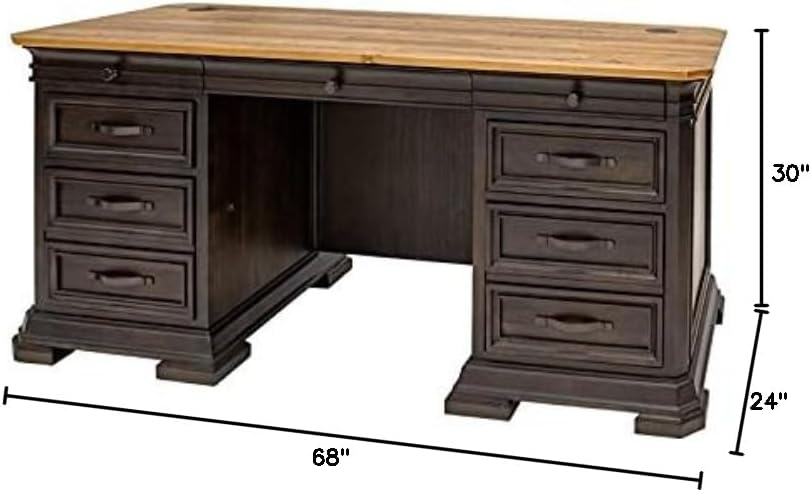 Executive Credenza Desk Writing Table With Solid Wood Plank Top Brown