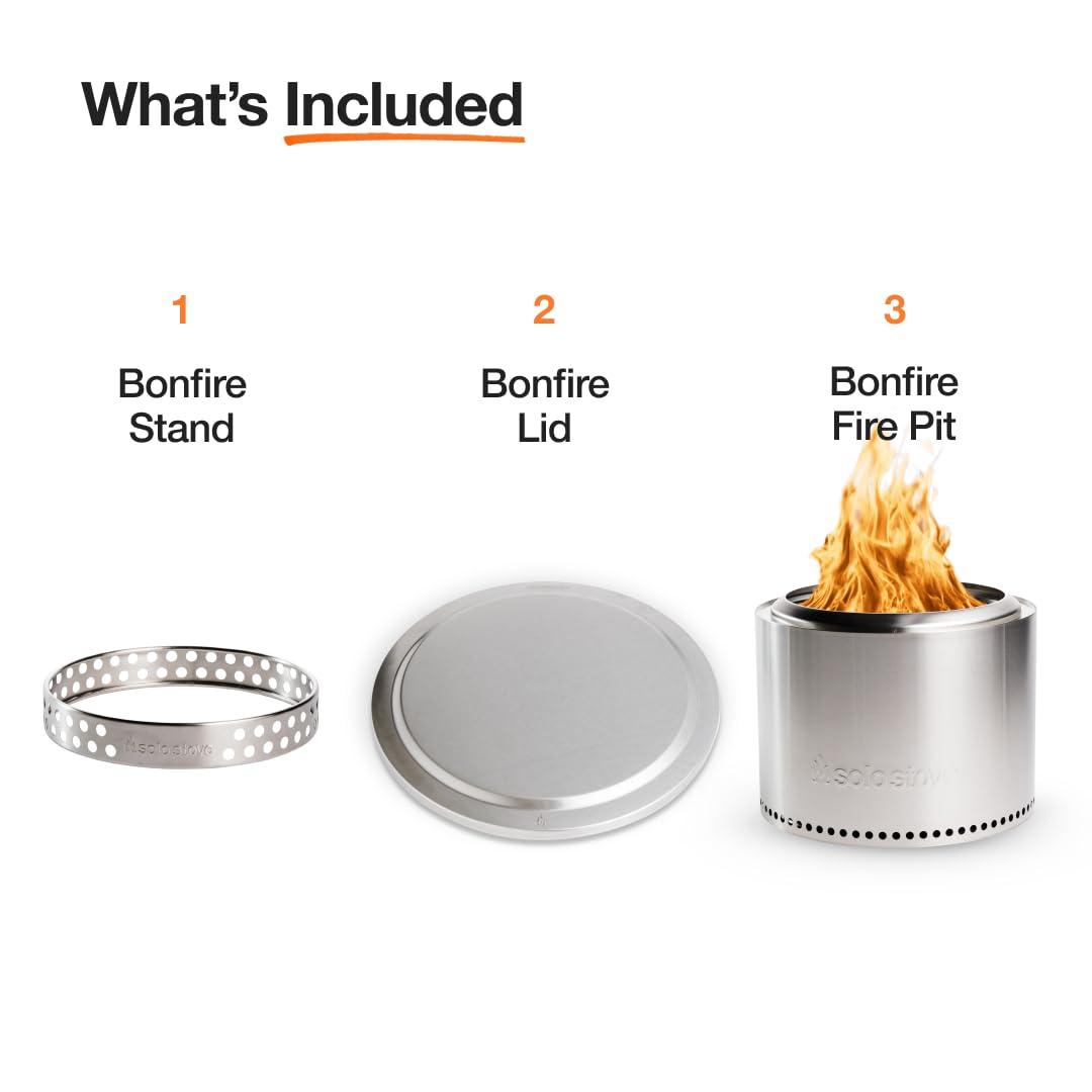Solo Stove Bonfire Essential Bundle 2.0 | Incl. Smokeless Fire Pit, Stand, Lid, Camping Accessories, Portable for Wood Burning, Removable Ash Pan, Stainless Steel, H: 16.75in x Dia: 19.5in, 21.75lbs