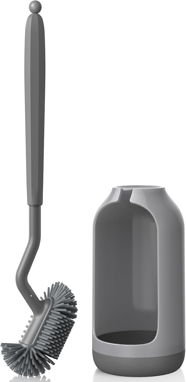 Toilet Bowl Brush Holder Set: Bathroom Deep Cleaning Toilet Cleaner Scrubber Under Rim with Curved Bristle for Dead Corner Clean - Hidden Rv Toilet Decorative Accessories with Caddy- Gray