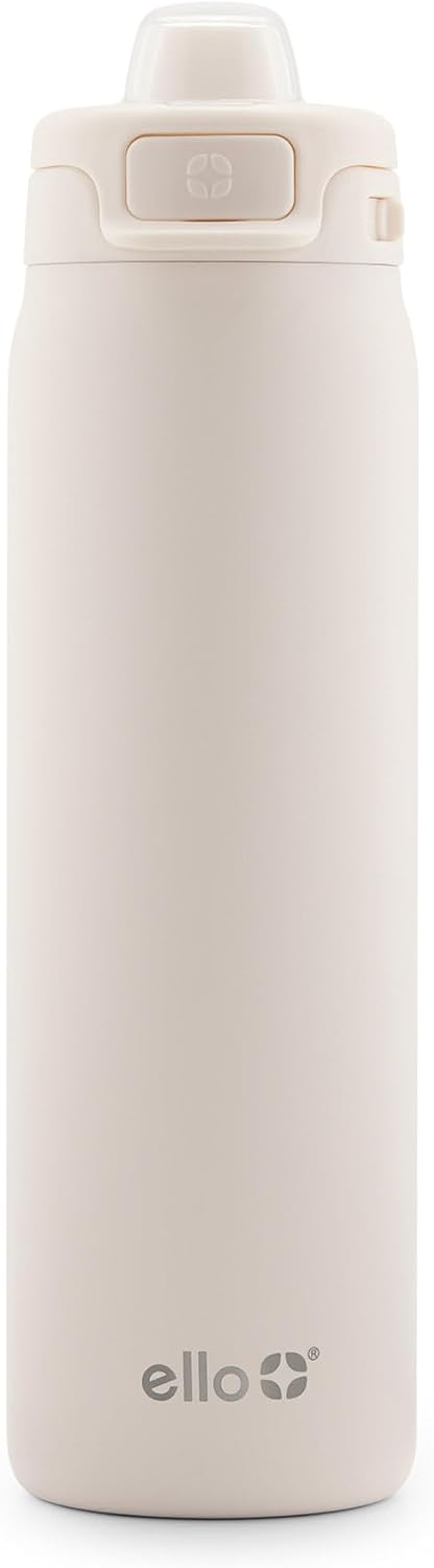 Ello Pop & Fill Stainless Steel Water Bottle with Quick Fill Technology, Double Walled Vacuum Insulated Metal, Leak Proof Locking Lid, Sip & Chug, BPA Free, Holiday Gift, 22oz, Cream