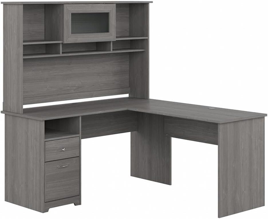 Cabot 60W L Shaped Desk with Hutch and Drawers in Modern Gray - Engineered Wood