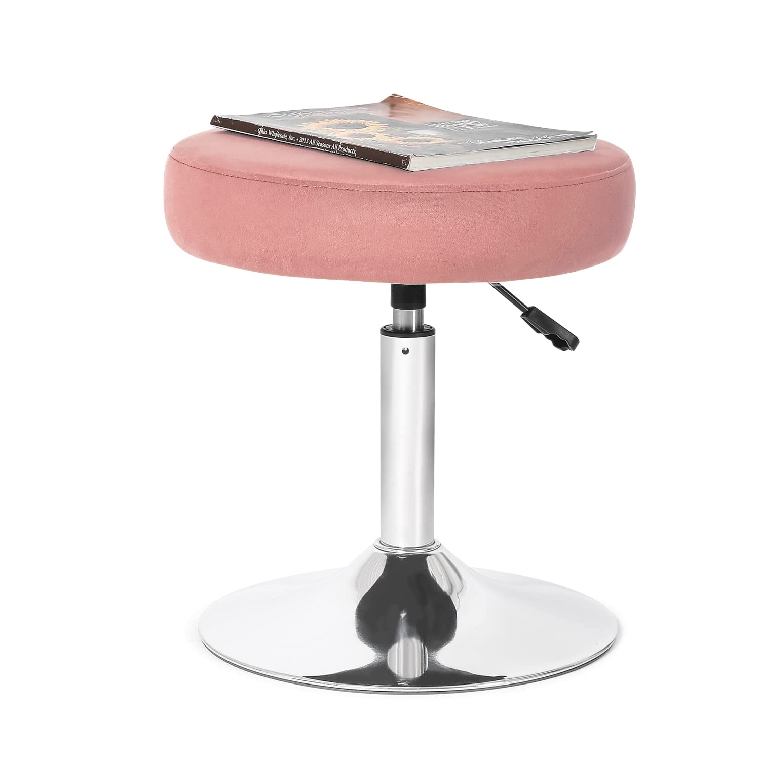 16” Round Adjustable Vanity Stool, Pink Vanity Chair for Makeup Room, Modern Vanity Chair with Velvet Fabric & Metal Base.