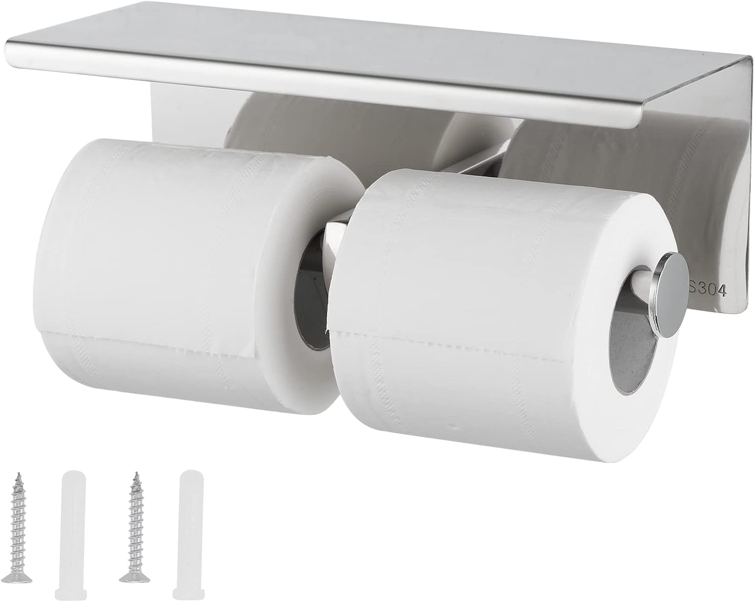 Brushed Nickel Toilet Paper Holder with Shelf – Heavy Duty 304 Stainless Steel Wall Mount Double Roll Holder, Fits Mega Rolls & Holds Phone – Rustproof Bathroom Organizer