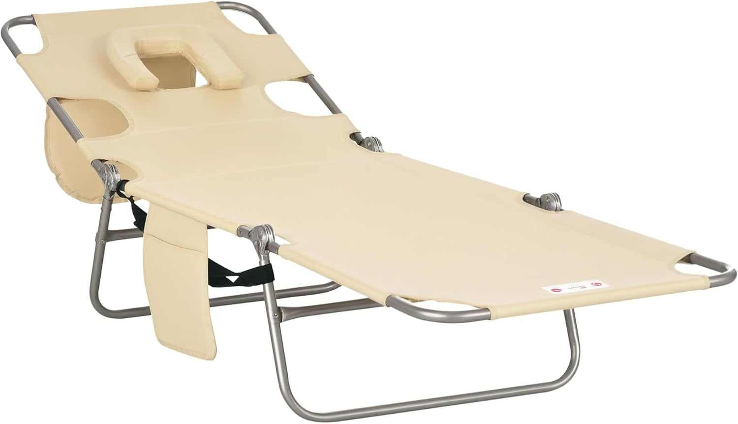 Outsunny Folding Beach Lounge Chair with Face Hole and Arm Slots, 5-Level Adjustable Sun Lounger Tanning Chair with Pillow for Patio, Garden, Beach, Pool, Beige