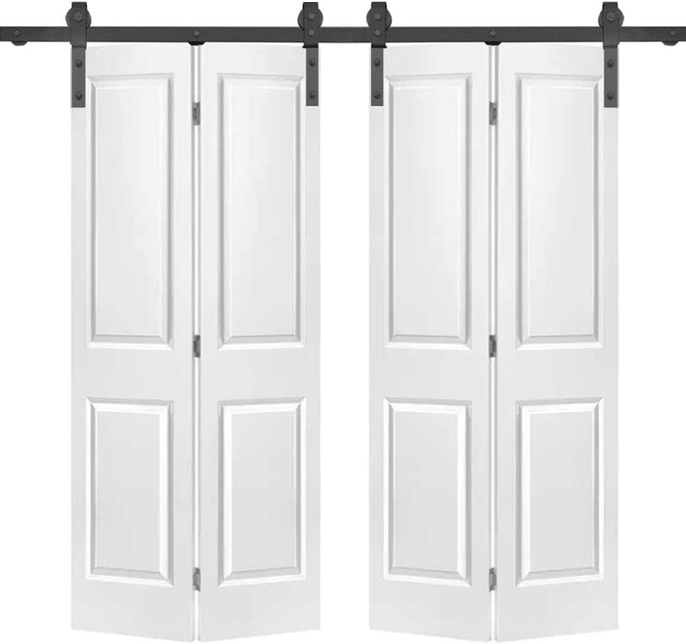 72 in. x 80 in. Hollow Core 2 Panel White Painted MDF Composite Double Bi-Fold Barn Doors with Sliding Hardware Kit